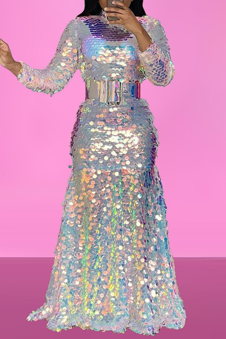 Xpluswear Plus Size Party Mermaid Reflective Sequin Fishtail Hem Long Sleeves Maxi Dress (With Belt) [Pre-Order]