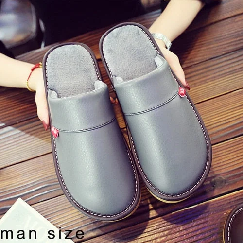 Leather Couple Shoes Autumn Winter home slippers Man Fashion Big size indoor Waterproof Men slippers with fur soft socofy
