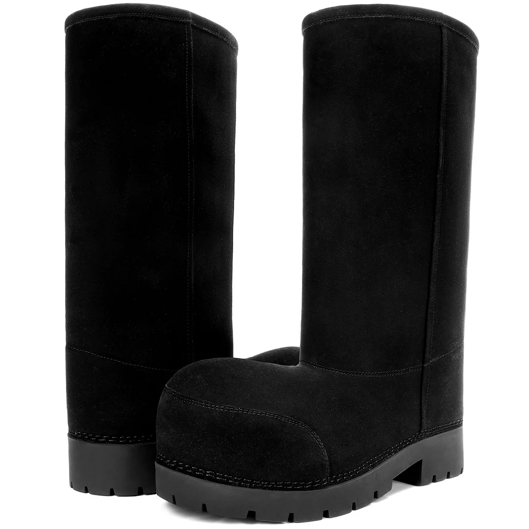 Faux Suede Platform Fuzzy Snow Boots Round Toe Hippy Winter Boots Slip On Knee High Chunky Heel Fur Tall Boots-MERUMOTE