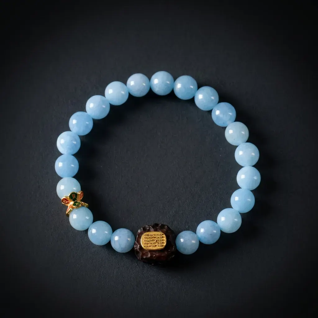 JiStones "Celestial Mist" Aquamarine & Hammered Persimmon Wood Bracelet Celestial Azure & Hammered Ebony Tone [8mm]