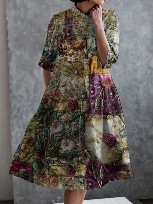 Vintage Embroidered Floral Print Casual Elegant Pocket Half Sleeve Dress