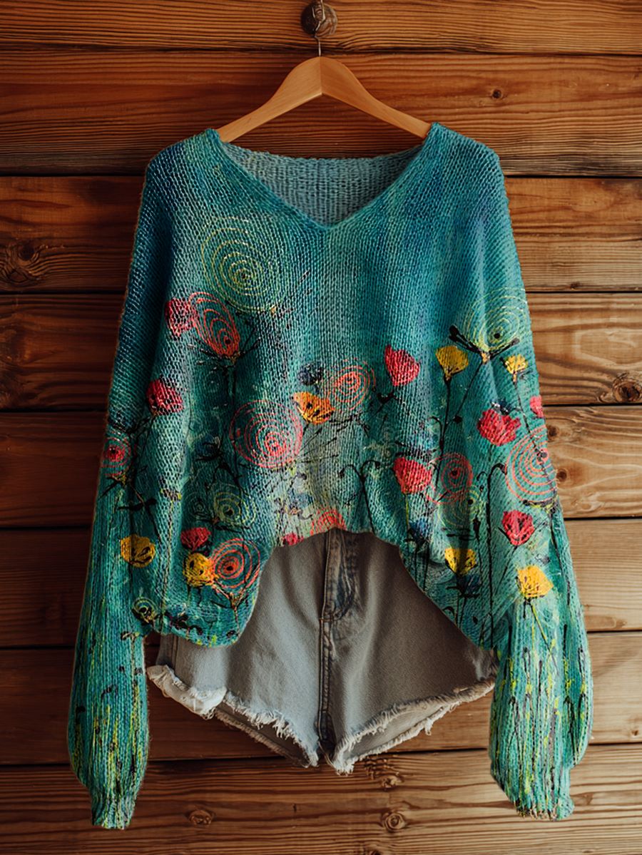 Women's Vintage Floral Tattoo Pattern Art Print Casual Pullover Sweater