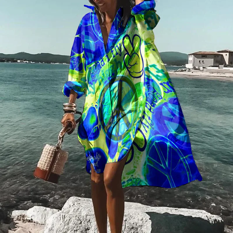 Hippie Colorful Print Long Sleeve Midi Dress