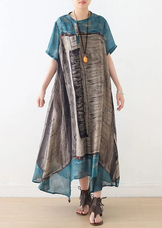 Loose blue gray print chiffon Wardrobes Korea Work o neck asymmetric A Line summer Dress