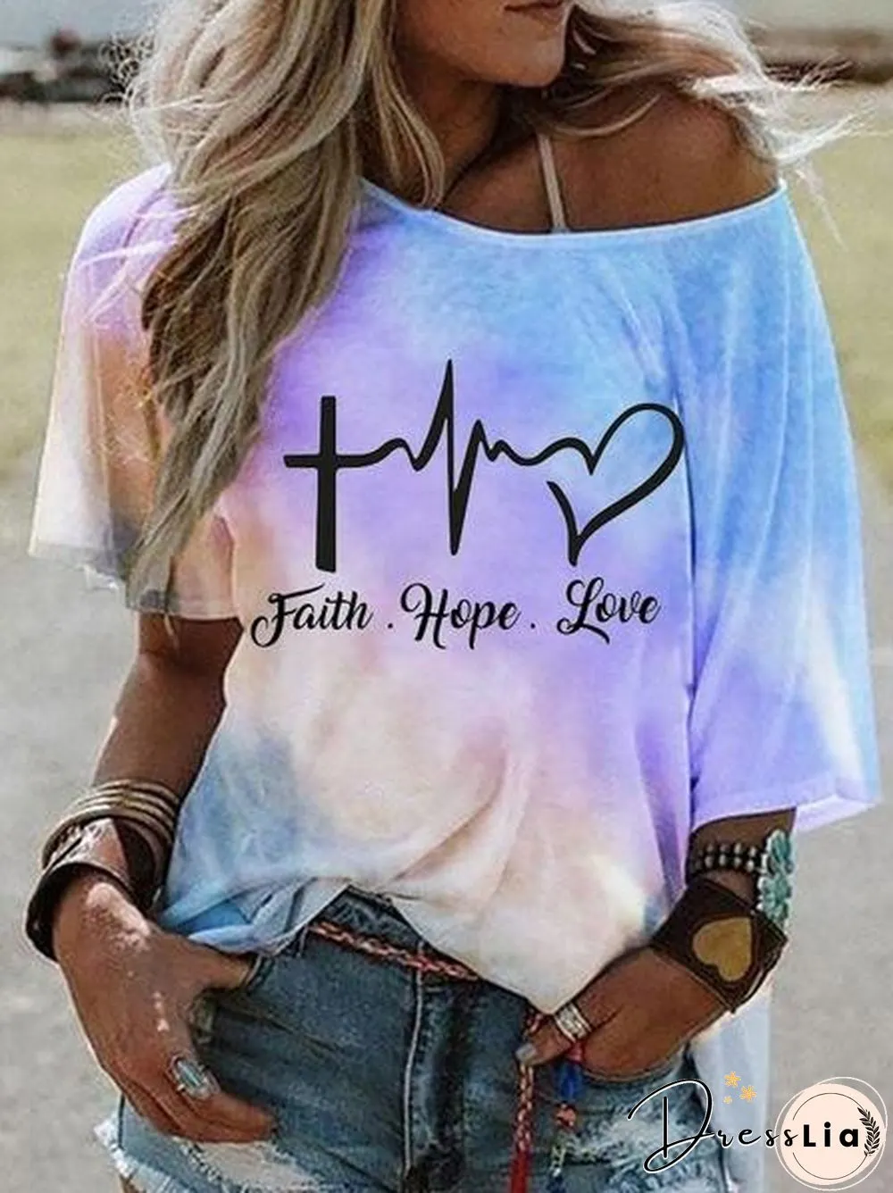 Hot-selling Stylish Tie-dye Gradient Print Short-sleeved Stiletto Off-the-shoulder Top T-shirt