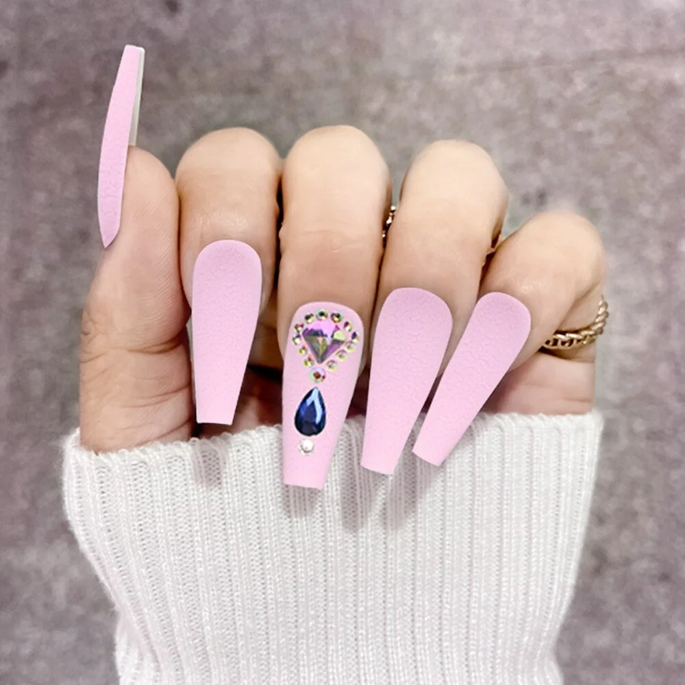 Long Coffin Glitter Fake Nails Detachable Rhinestone Decal Ballerina Faux Nail Art with Glue Rhinestones False Nails Full Tips-Nail Inspo