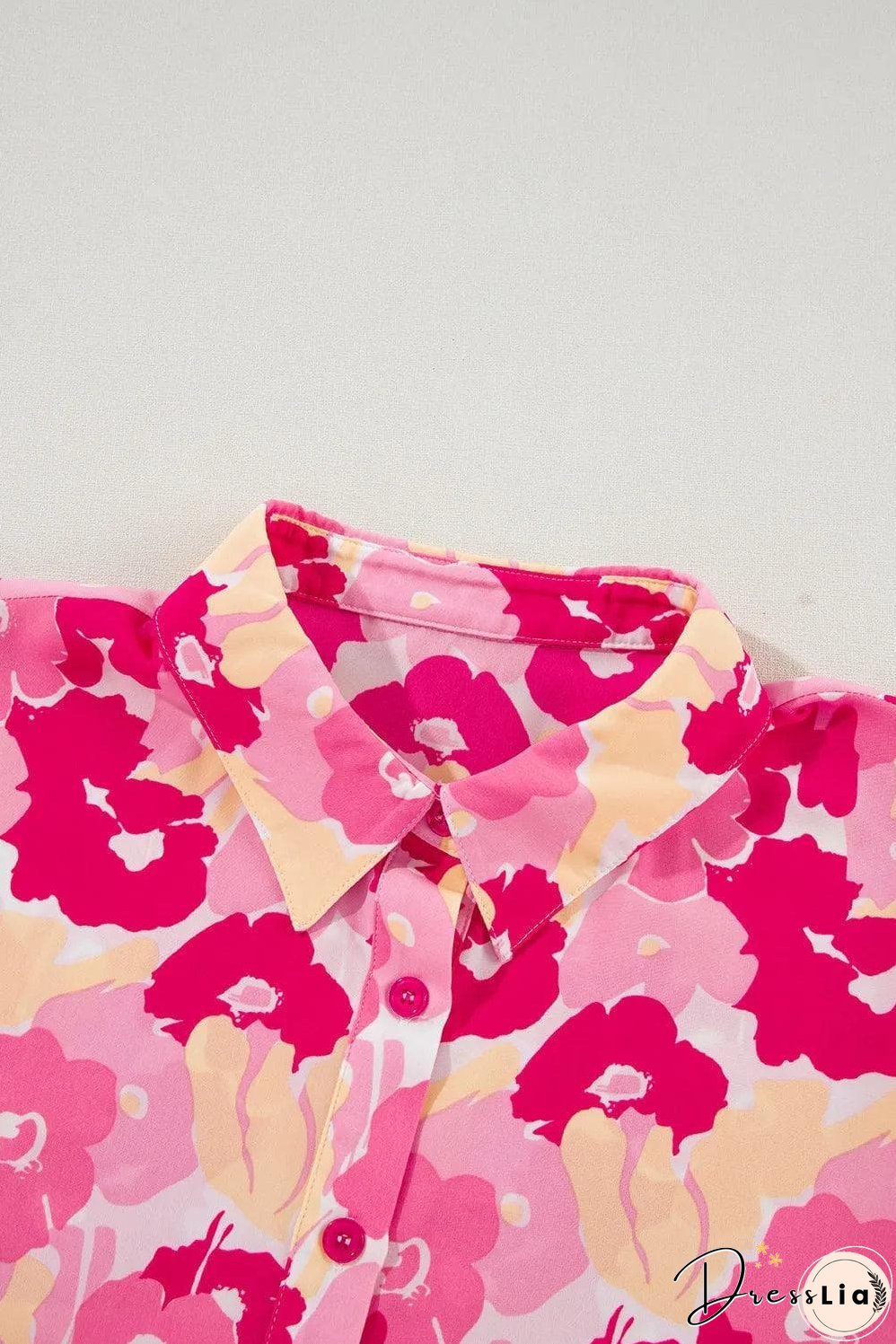 Pink Blooming Floral Print Puff Sleeve Buttoned Shirt