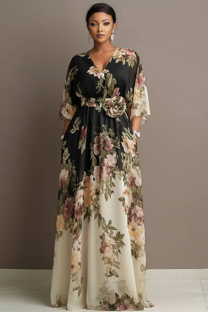 Xpluswear Design Plus Size Wedding Guest Black Floral Round Neck Flare 3/4 Sleeve Pocket 3D Chiffon Maxi Dresses 2024 - Xpluswear