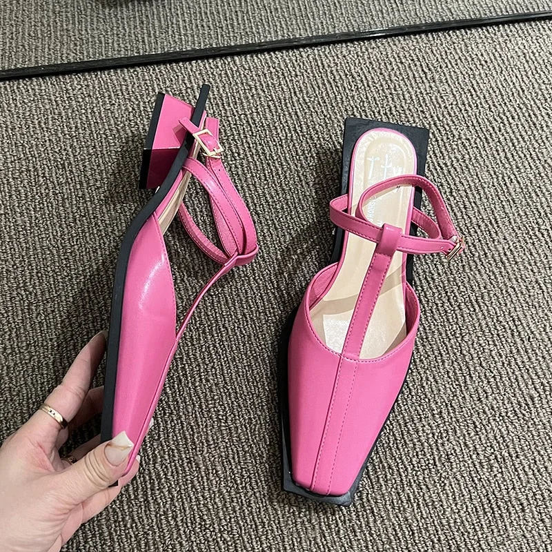 Square Toe Med Heels Mary Jane Shoes For Women Brand Design Ankle Strap Slingback Pumps Woman Soft Sole Green Party Shoes