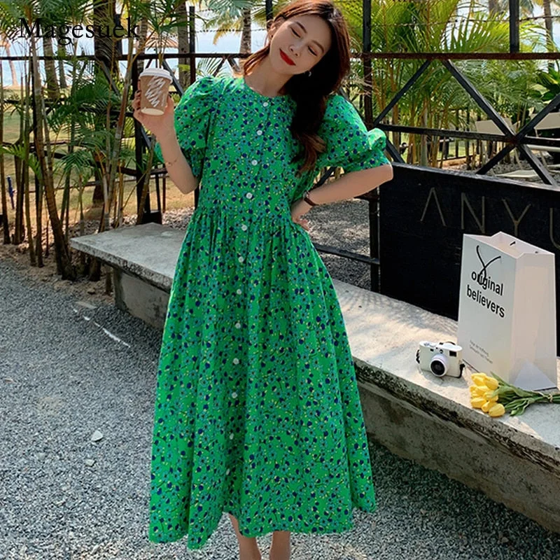 Summer Casual Vestidos Floral Dresses Ladies Short Sleeve Retro Print Long Dress Female 2022 M-4XL Loose Green Women Dress 15686