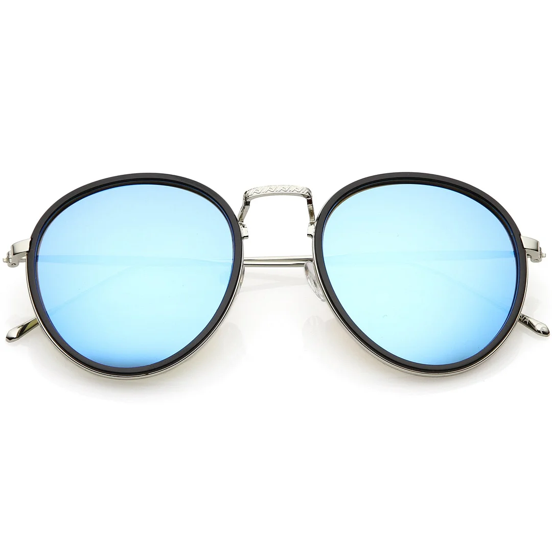Modern Round glasses Engraved Slim Metal Arms  Color Mirrored Flat Lens 51mm