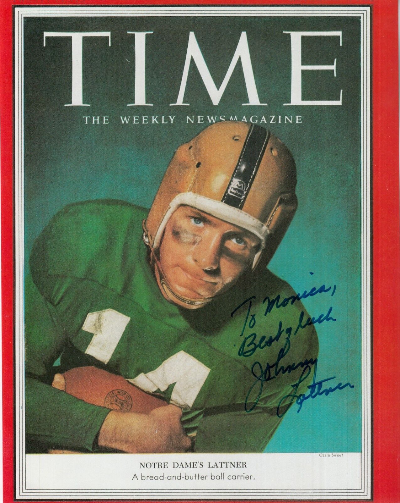 JOHNNY LATTNER hand-signed NOTRE DAME HEISMAN WINNER 8x10 closeup w/ UACC RD COA