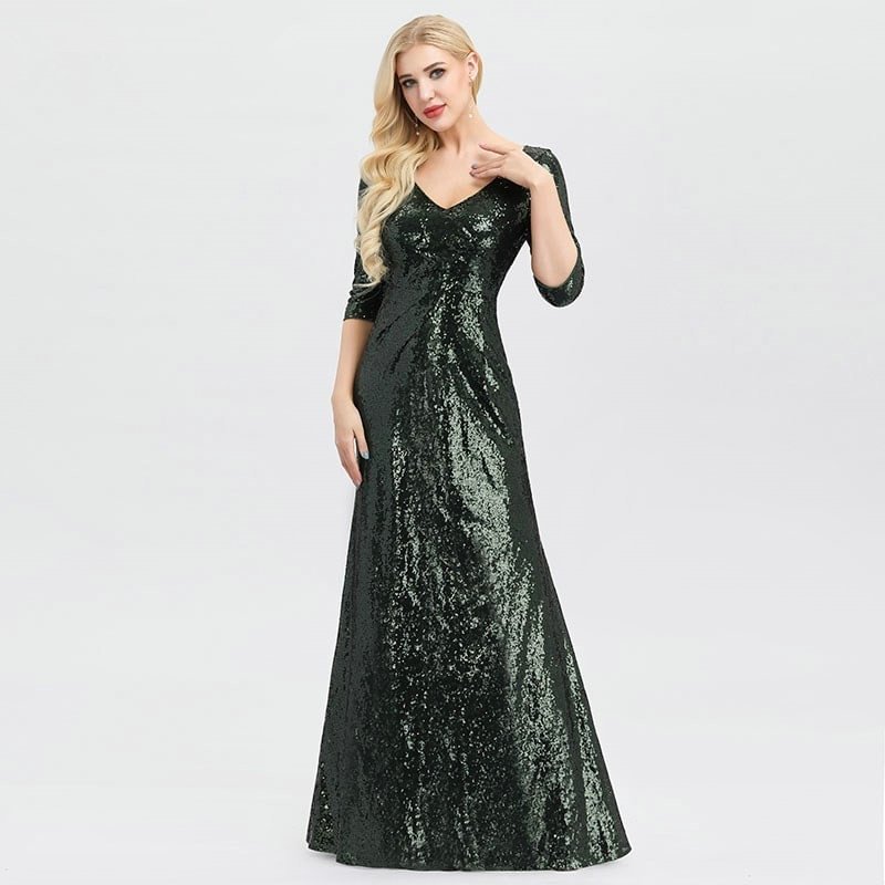 Gorgeous Green Half Sleeve Prom Dress Sequins Mermaid V-Neck Evening Gowns