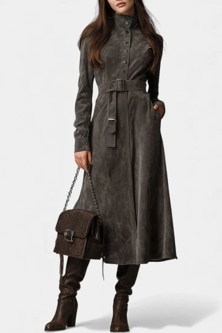 High-Neck Belted Long Coat with Structured Silhouette