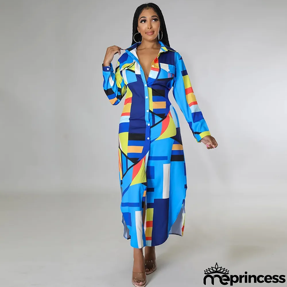 Women Spring Summer Autumn Fashion Sexy Long Shirt Print Casual Long Dress