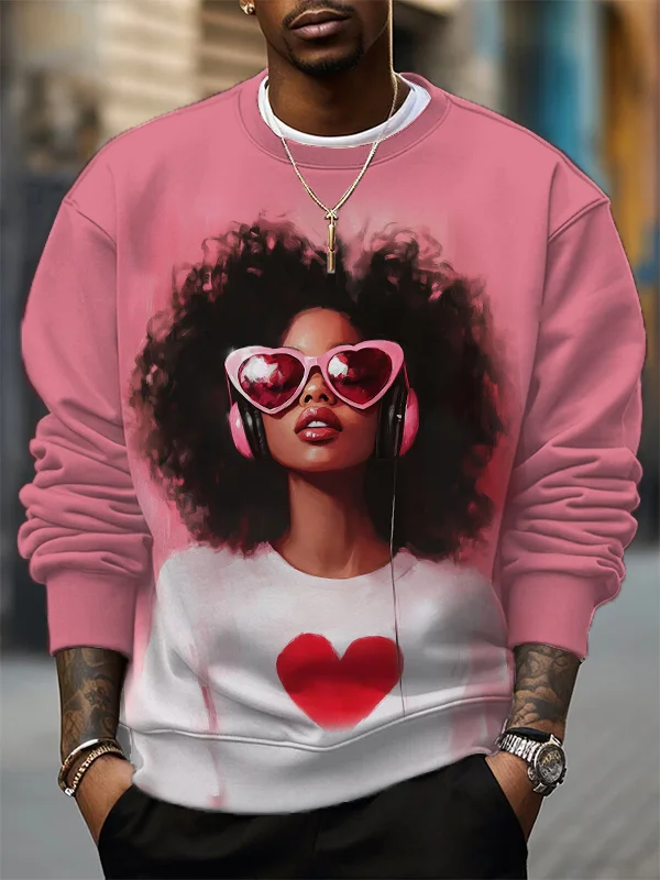 Men's Love Heart Black Girl Enjoying Music Art Print Casual Sweatshirt