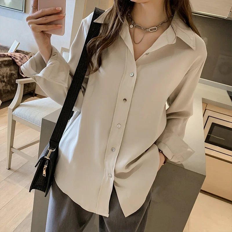 Spring New Women Vintage Solid Loose White Shirt Turn Down Collar Full Sleeve Blouse Office Lady  Stylish Girl Tops T0N319T