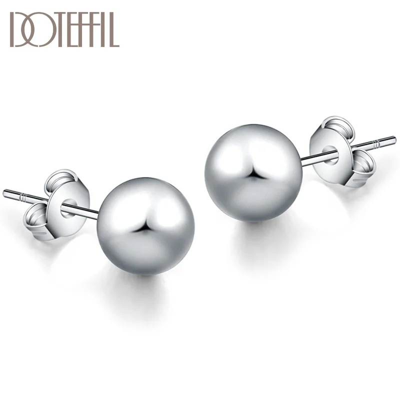 DOTEFFIL 925 Sterling Silver 8mm / 10mm Smooth Circle Bead Earrings Woman Jewelry