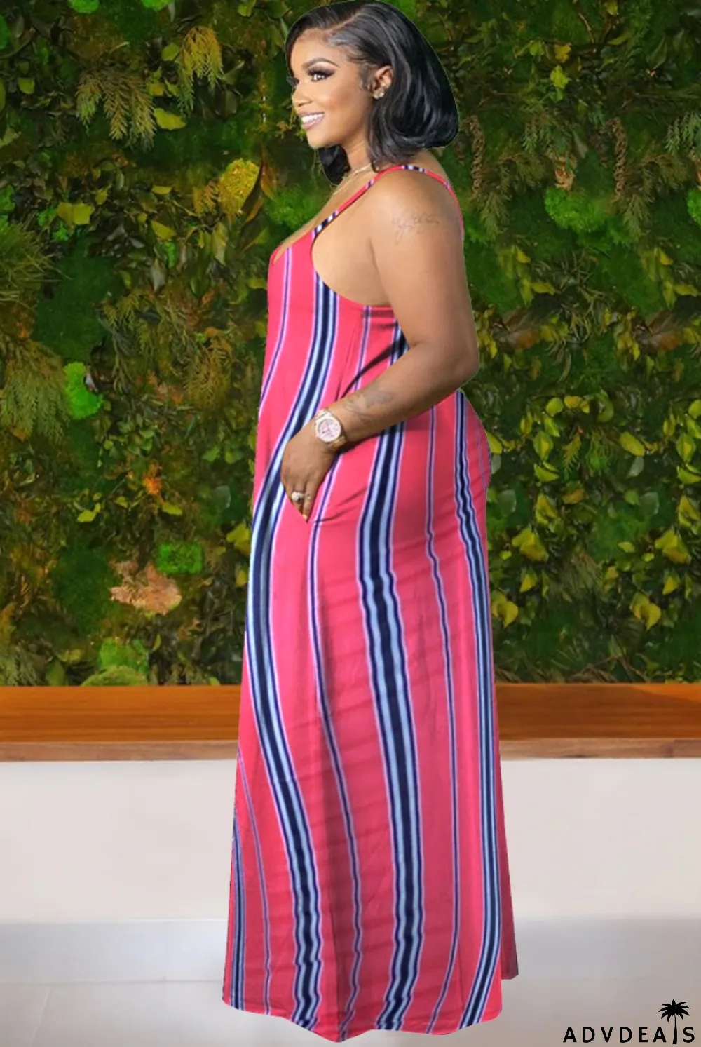 Summer Plus Size Stripes Strap Long Maxi Dress
