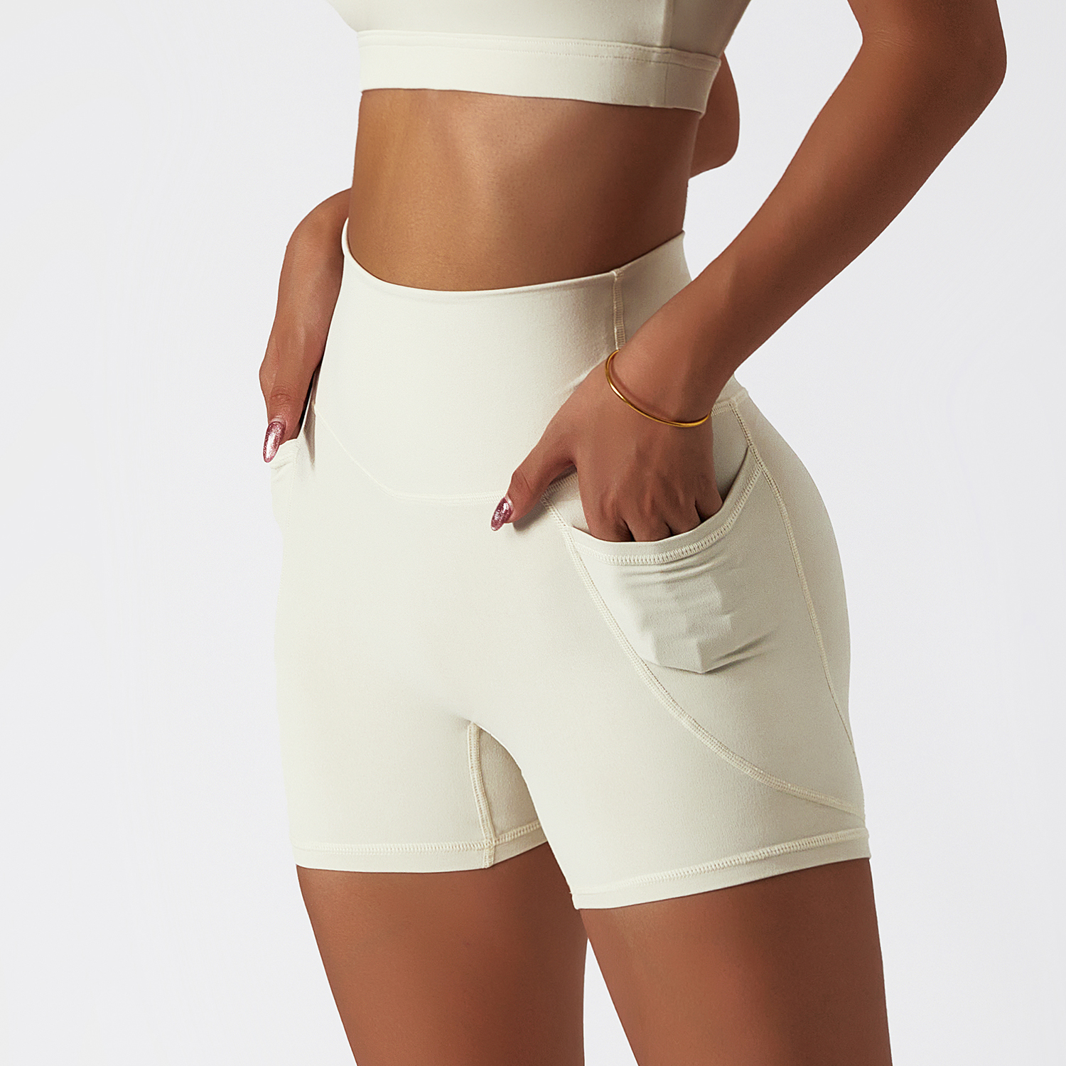 Shop Cream Apricot high rise no camel toe squat proof tummy control comfort lightweight buttery soft thin opaque fitness gym shorts online on Hergymclothing