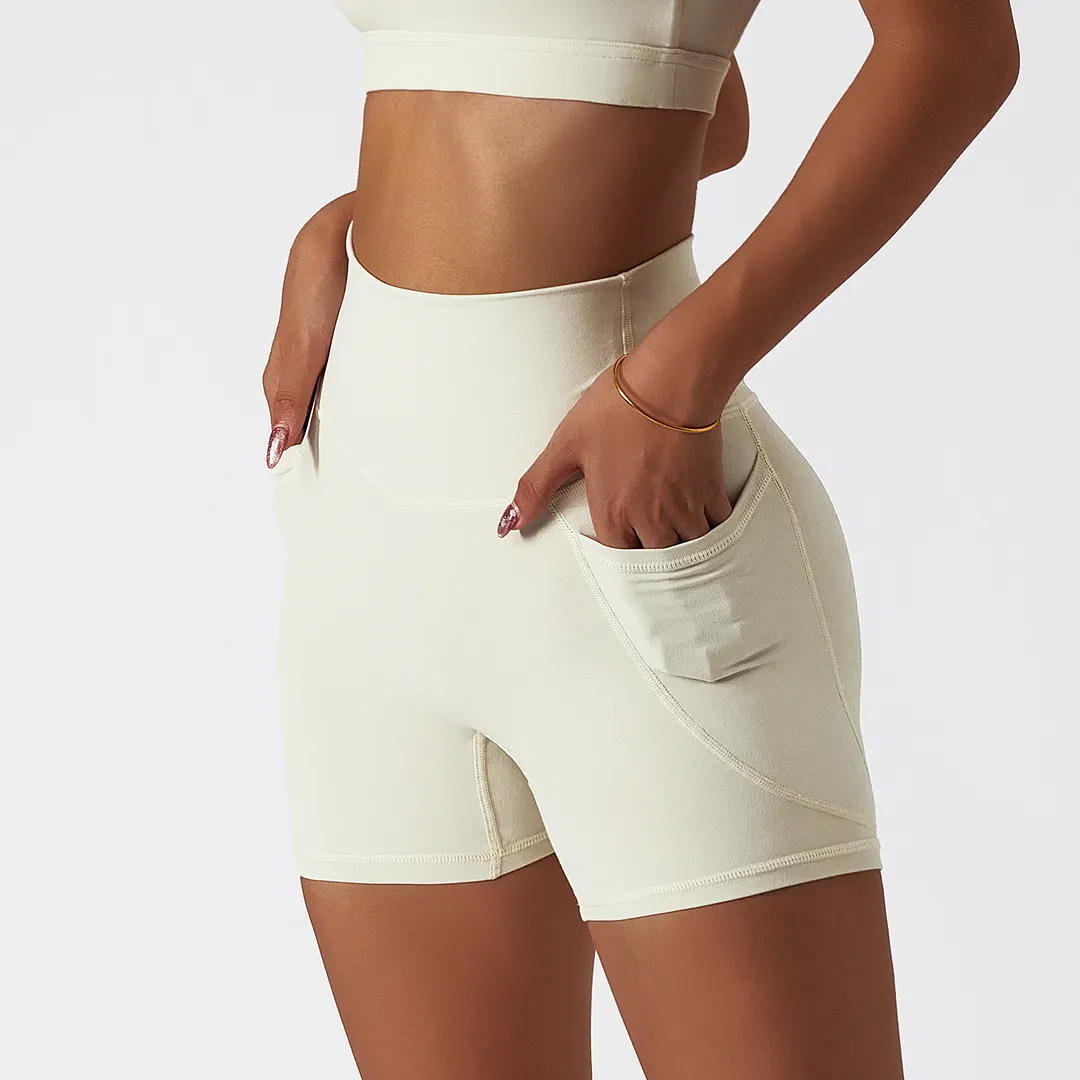 Shop Cream Apricot high rise no camel toe squat proof tummy control comfort lightweight buttery soft thin opaque fitness gym shorts online on Hergymclothing