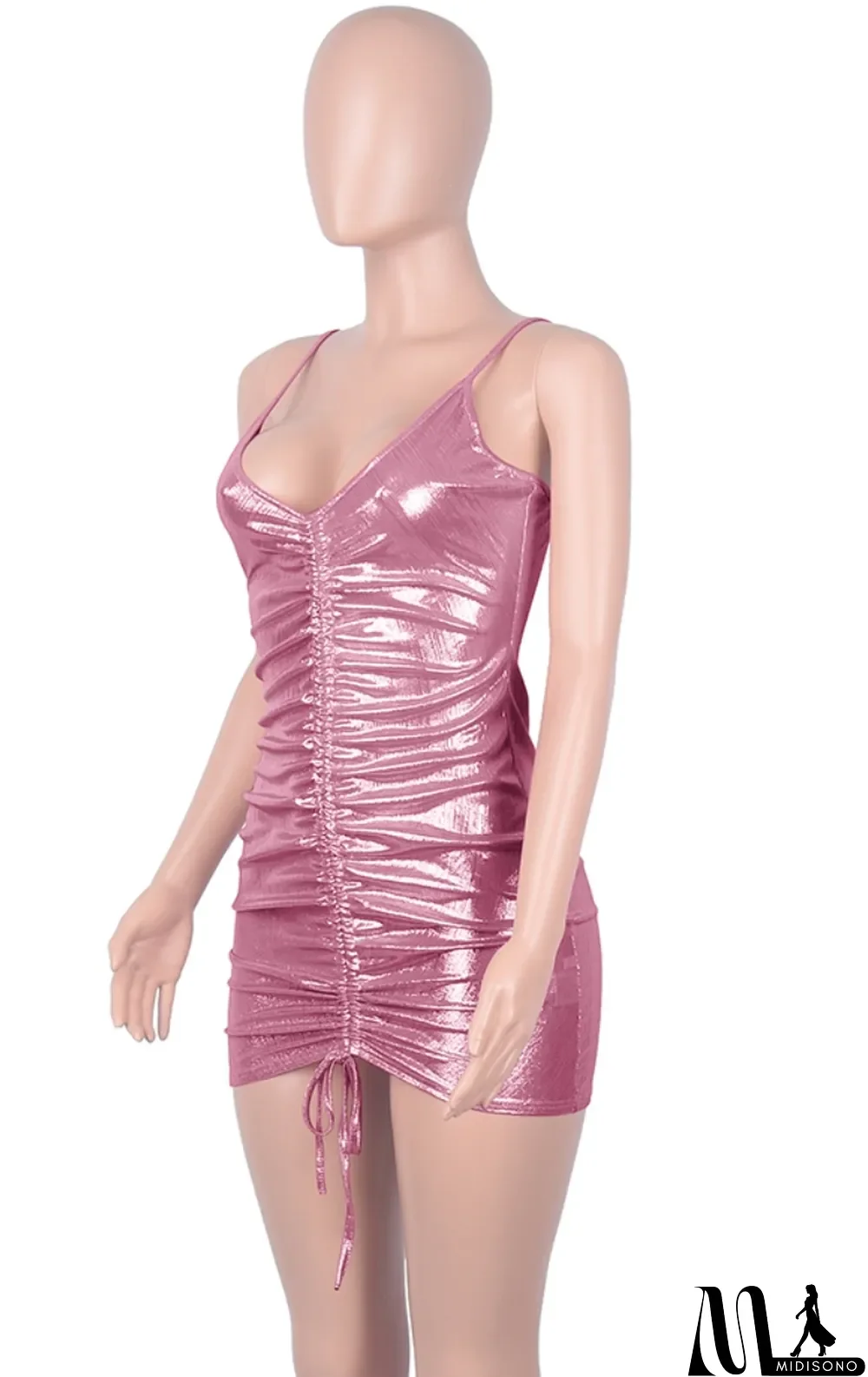 MidiSono - Summer Metallic Sexy Ruched Strings Strap Mini Dress