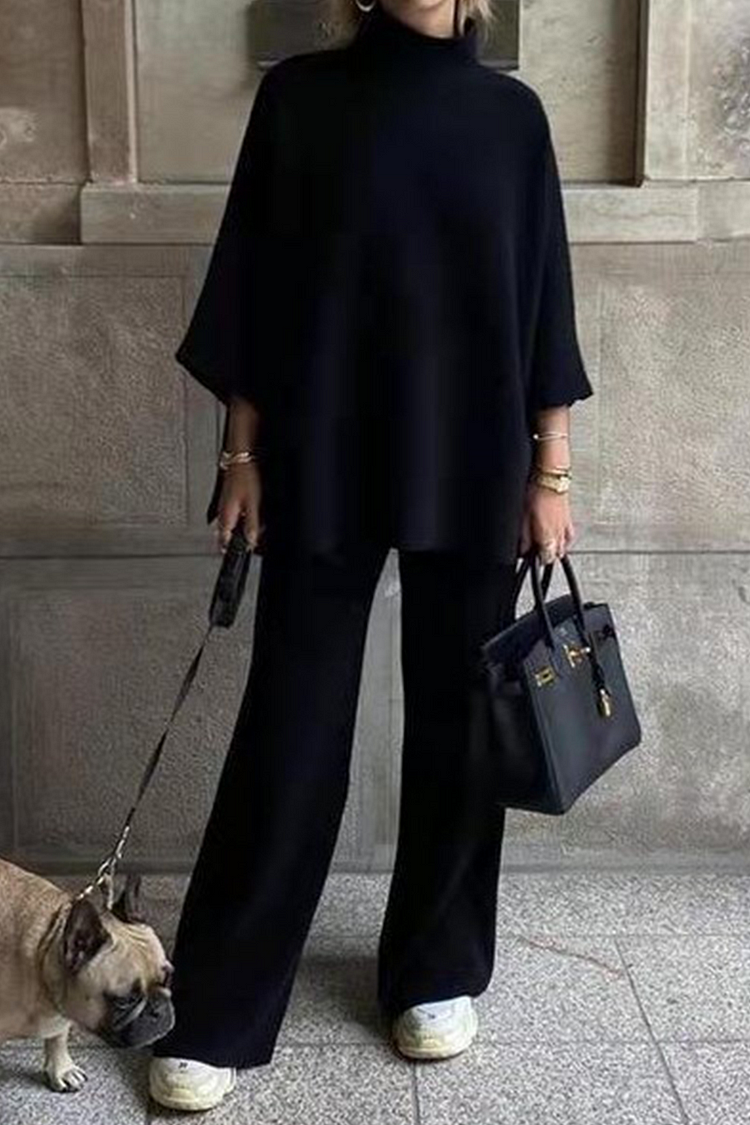 Fashion Solid Patchwork Turtleneck Three Quarter Two Pieces