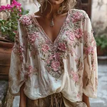 Bohemian Three-dimensional Pink Floral Sequin V-neck Long-sleeved Top - Image 2