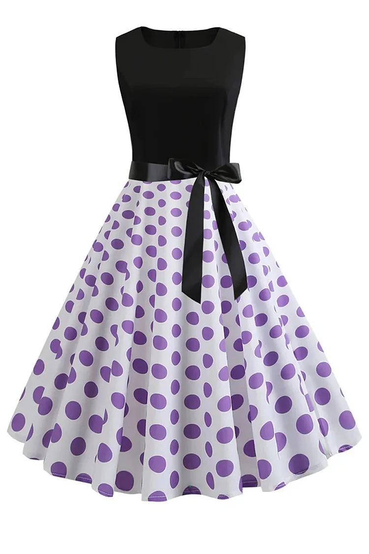 1950s Light Purple Party Sleeveless Polka Dot Print Stitching Sash Belt Swing Midi Dresses