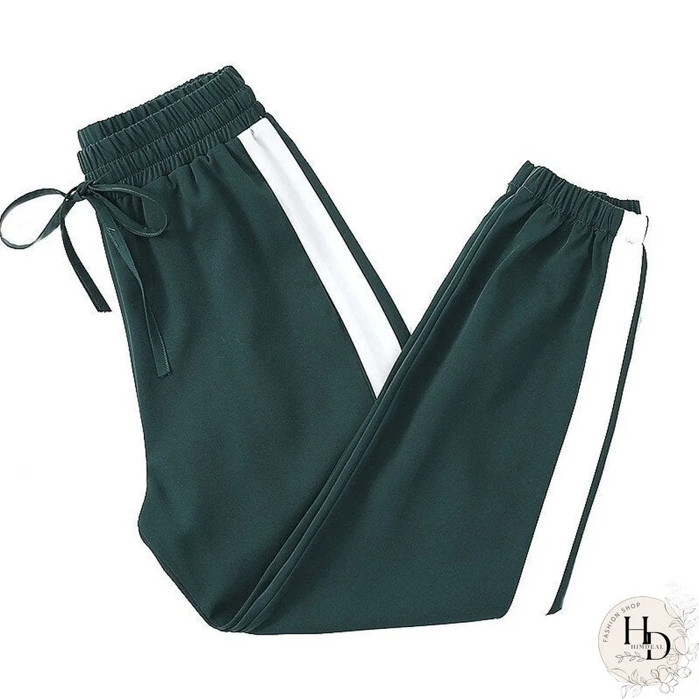 Womens Sport Pants-Spring Side Stripes-Casual Loose Chiffon-Elastic Waist Lantern