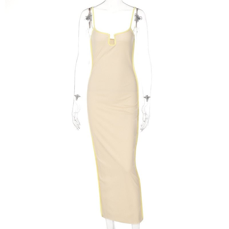 wsevypo Contrast Color Spaghetti Strap Long Dress Elegant Party Vestidos Women Sleeveless Low Cut V-Neck Bodycon Sundress