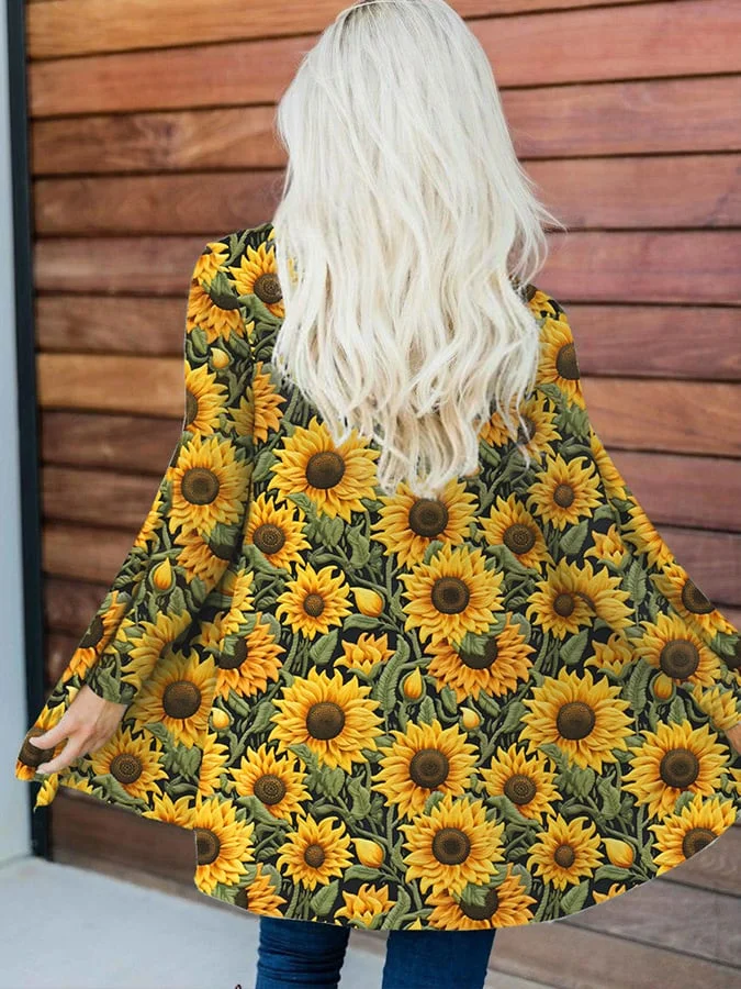 Women's Sunflower Embroidery Pattern Art Print Cardigan