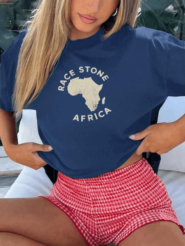 Women's "Race To The Stone" Graphic T-Shirt - Navy Blue, Short Sleeve, Casual Summer Tee With African Map Design, Lightweight & Breathable For Outdoor, Camping, And Casual Attire, Camping Apparel | Graphic Tee | Breathable Fabric