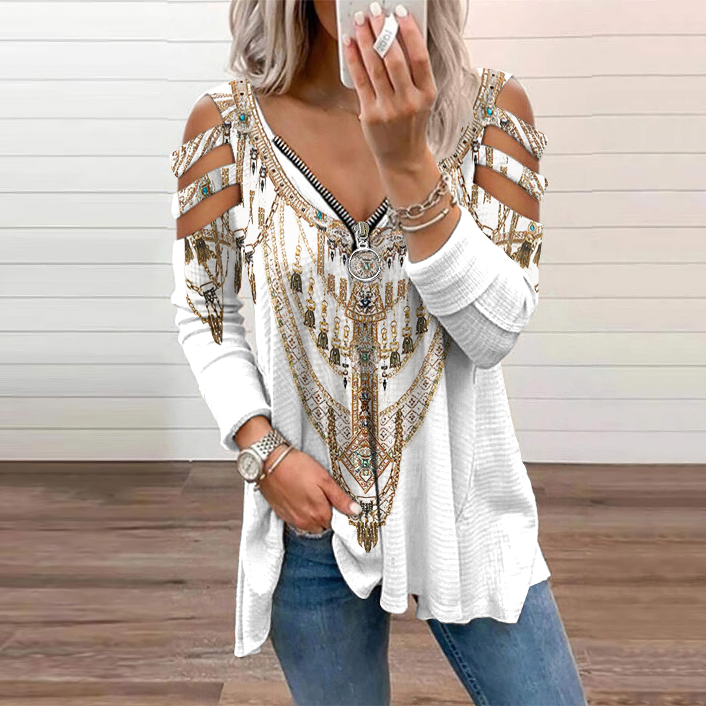  Women's Tribal Printed Hollow Out Zipper Casual T-Shirt Westsshops