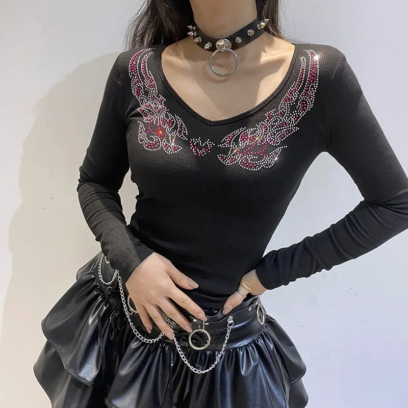 HEYounGIRL Autumn V Neck Basic Black Long Sleeve T Shirt Casual Autumn Rhinestone Print Crop Top Tshirt Woman Fashion Goth