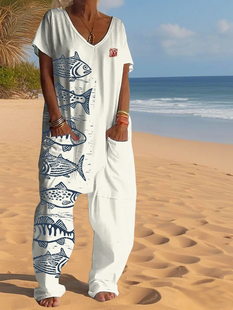 Fish Shape Japanese Linen Art Print V-neck Jumpsuit