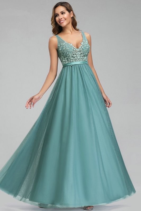 Dusty Blue V-Neck Sleeveless Lace Appliques Long Evening Prom Dress - lulusllly