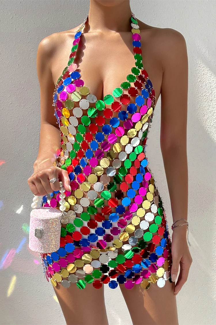 Party Pearl Cami Sequin Mini Dress-Rainbow