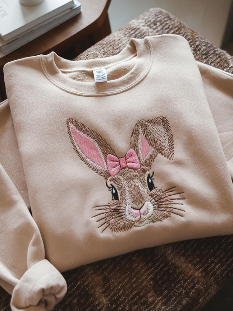 Comstylish Cute Bunny Embroidery Crewneck Sweatshirt