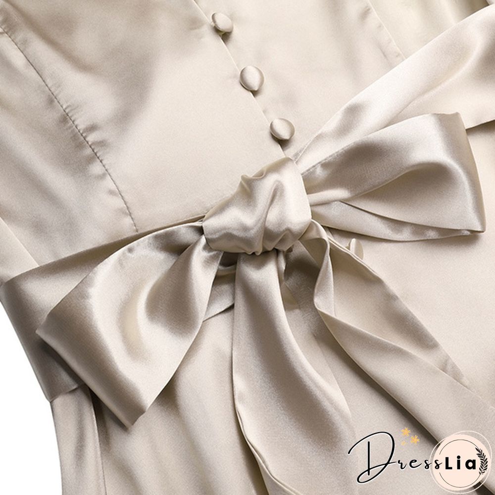 Women Solid Color Stain V Neck Puff Long Sleeve Cocktail Dress Casual Fashion Party Belted Midi Dress Plus Size Kleid