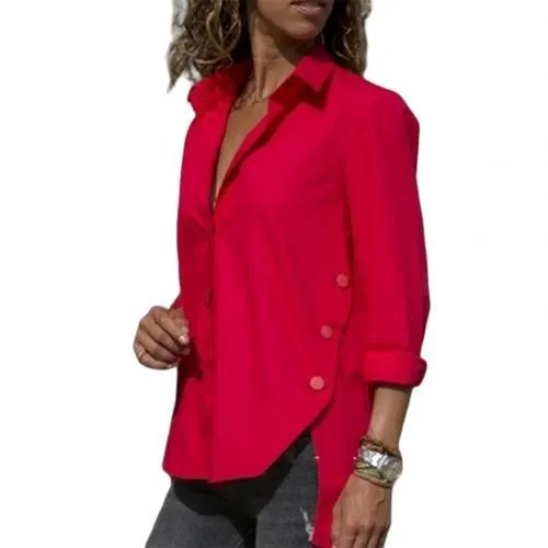 Women Casual Turn Down Collar High-low Hem Side Buttons Decor Plus Size Shirt suitable for travel daily Loose style plus size
