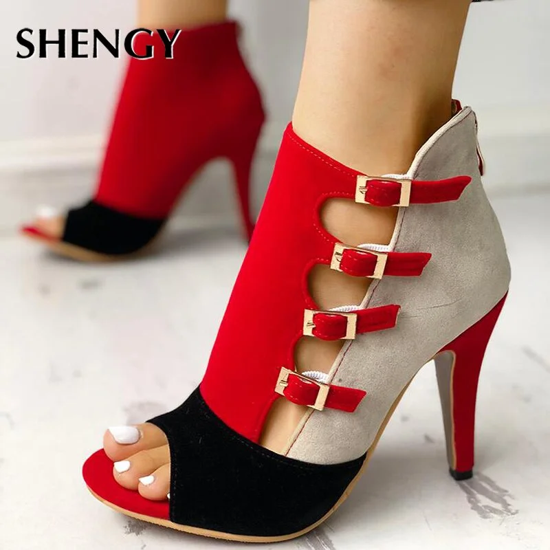 SHENGY Women Spring High Heels Office Zipper 10cm Hollow Out High Sandals Poop Toe Buckle Strap Fashion Party Wedding Shoes