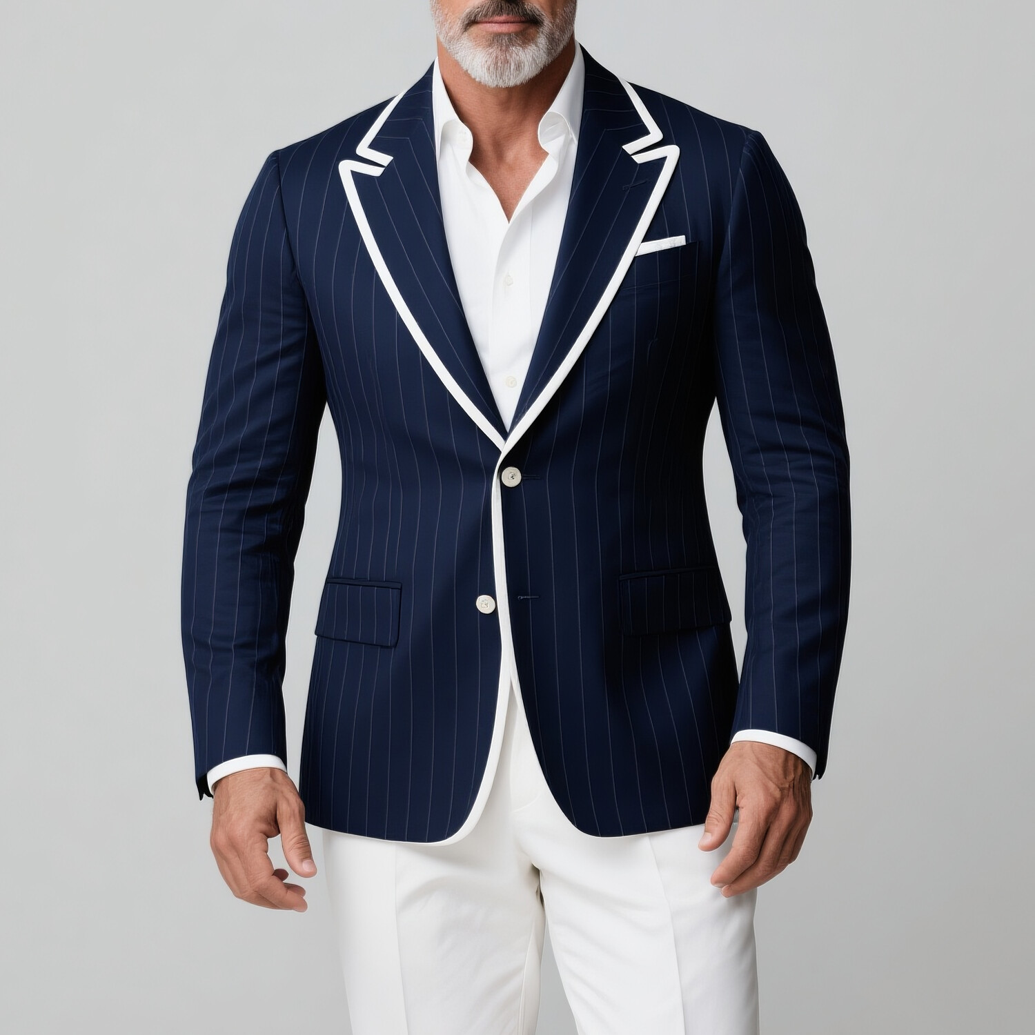 Men's Pinstriped Peak Lapel Two Button Contrast Binding Long Sleeve Blazer