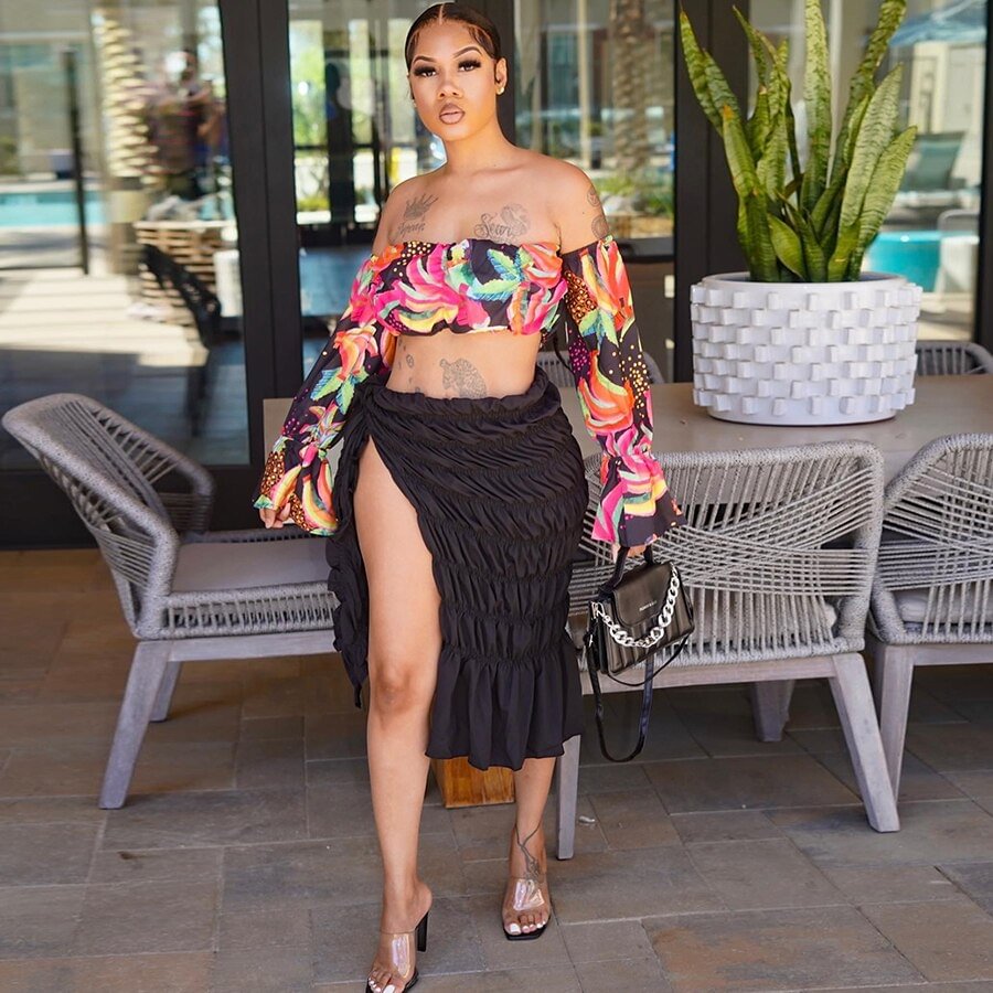 Weird Puss Pleated Bandage Mid Skirt Women Sexy Oversized Elastic Side Split Summer Party Vacation Clubwear Beach Style Outfits