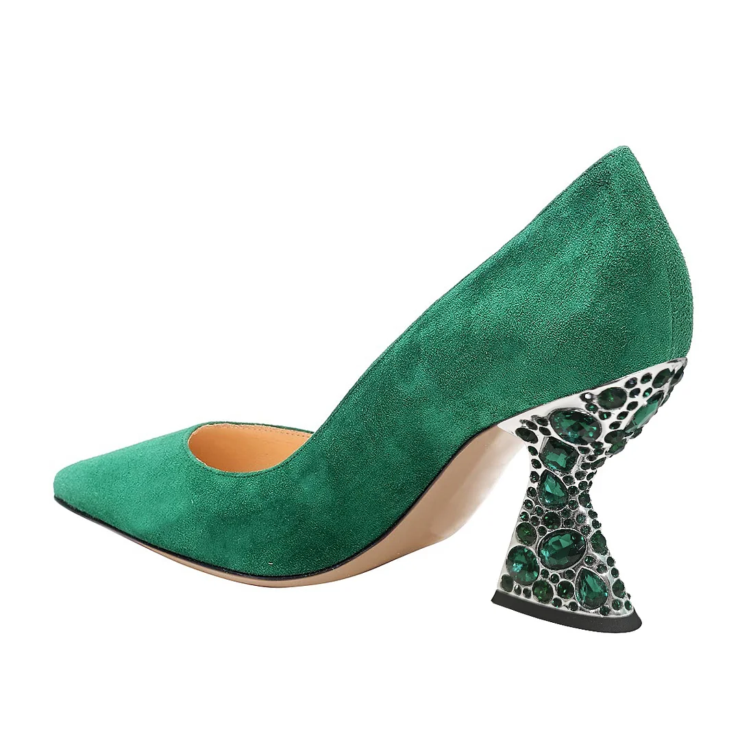 Dark Green Faux Suede Pumps with Colorful Rhinestone Embellishment 