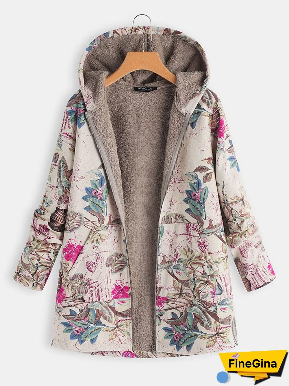 Leaves Floral Print Hooded Long Sleeve Vintage Coats