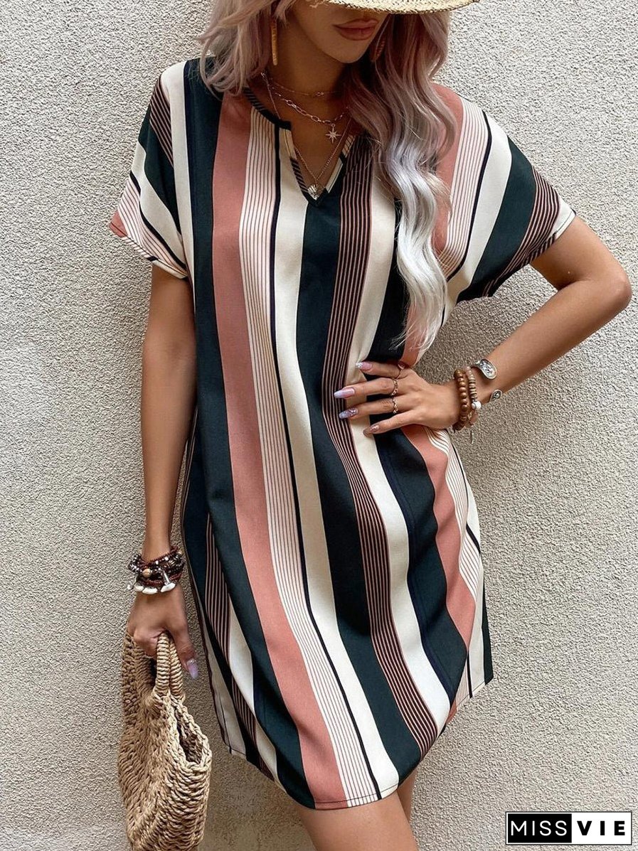 Striped Print V Neck Short Sleeve Mini Dress