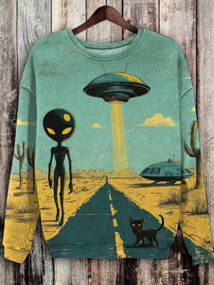Women's Retro Desert UFO Alien Sci-Fi Art Print Casual Sweatshirt