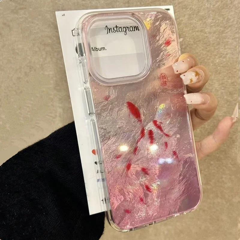 Aonga Pink Blurred Little Red Fish Phone Case for IPhone 16 15 11 12 14 13 Pro Max Mini XSM XR 7 8 Plus Cartoon Gradient Glitter Cover aonga