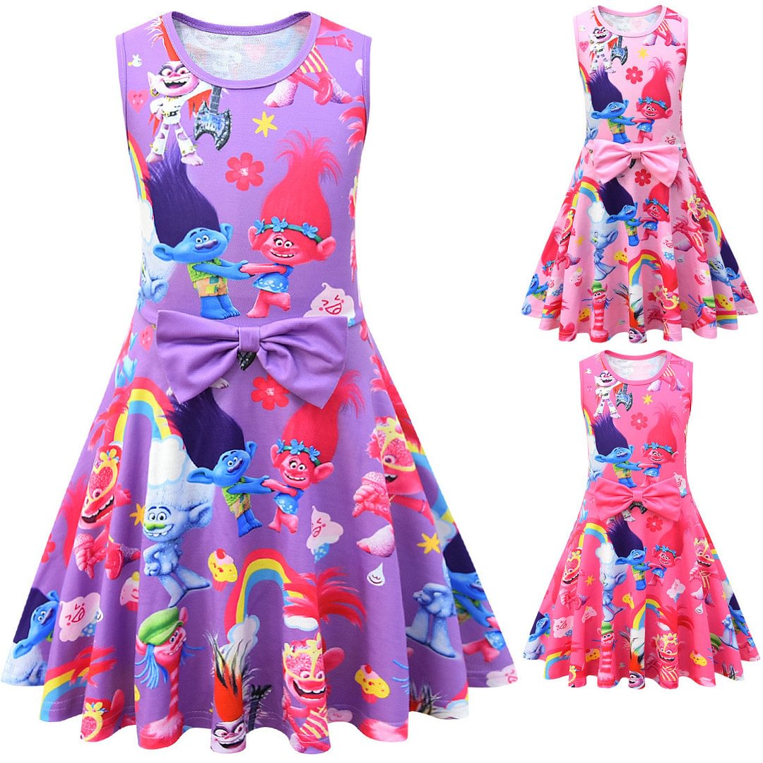 Trolls 2 Kids Sleeveless Cartoon Vest Skirt Printed Princess Party Dress-Pajamasbuy